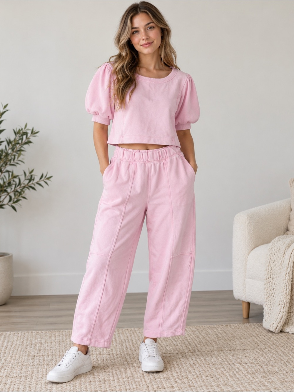 Aerie Seams Right Women S 2PC Puff Sleeve Crop Sweatshirt Sweatpants Lounge Set